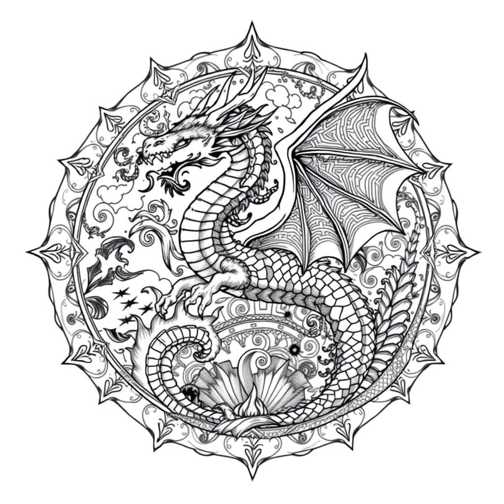 Majestic Dragon Mandalas in Intricate Black and White Line D...