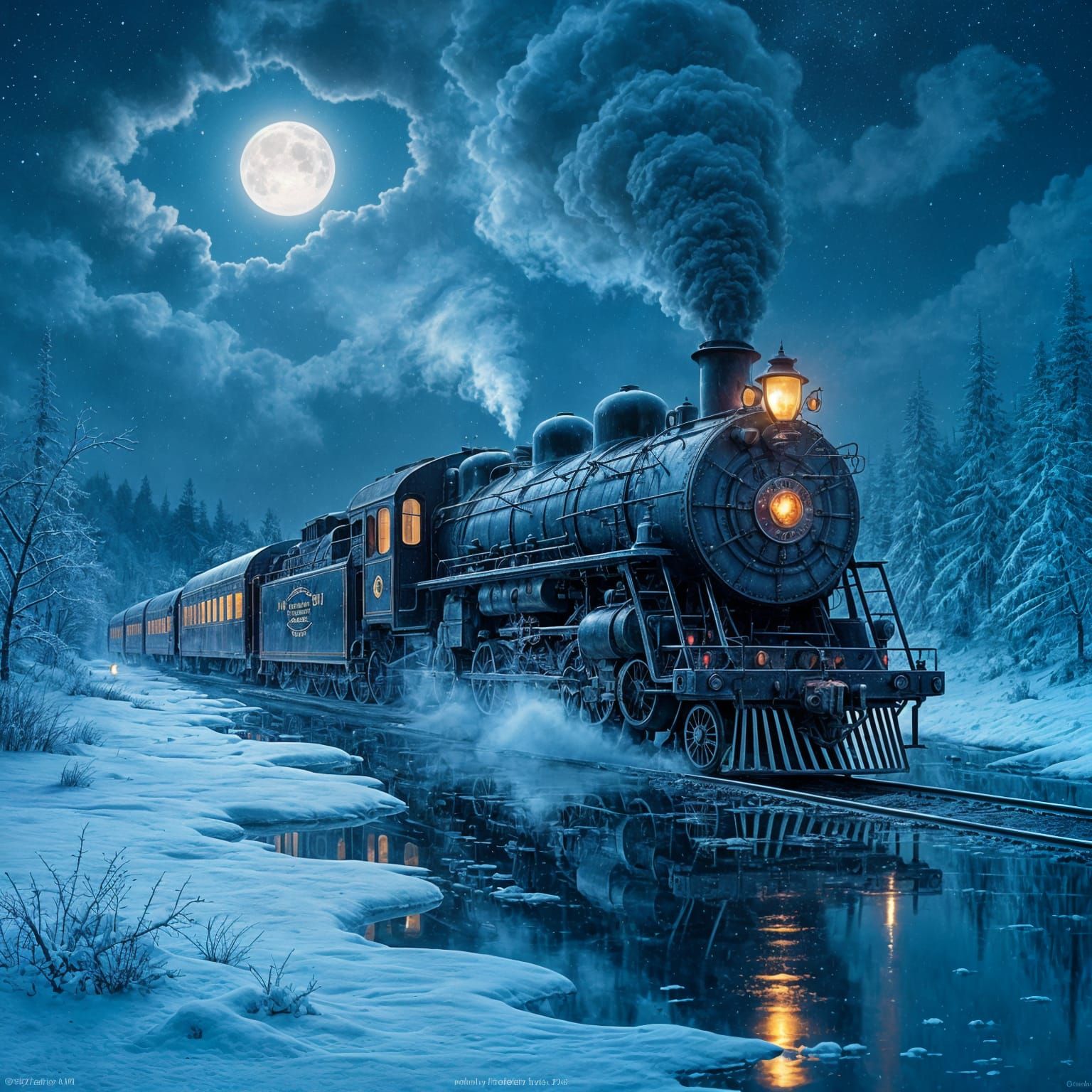 Ornate Fantasy Train Gliding Across Moonlit Frozen Lake