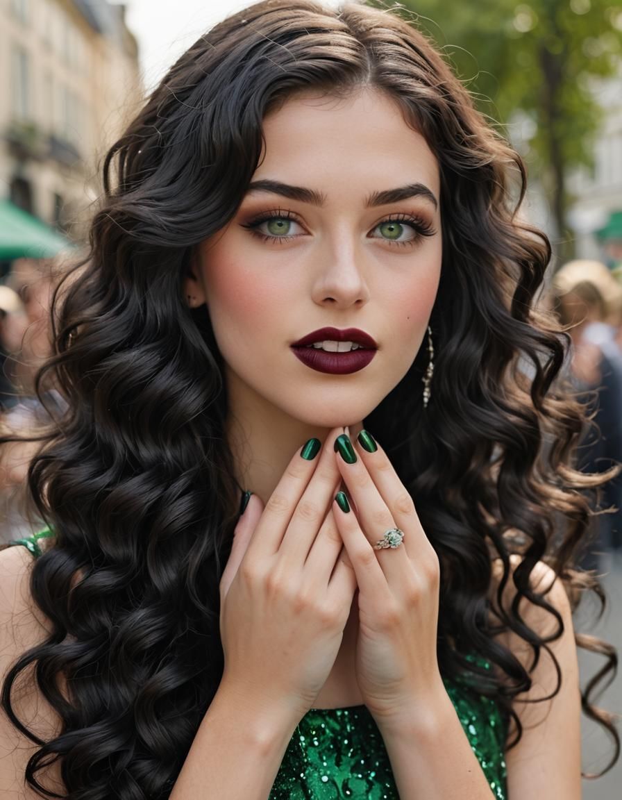 Beautiful Girl with Black Hair Portrait in Art Nouveau Style