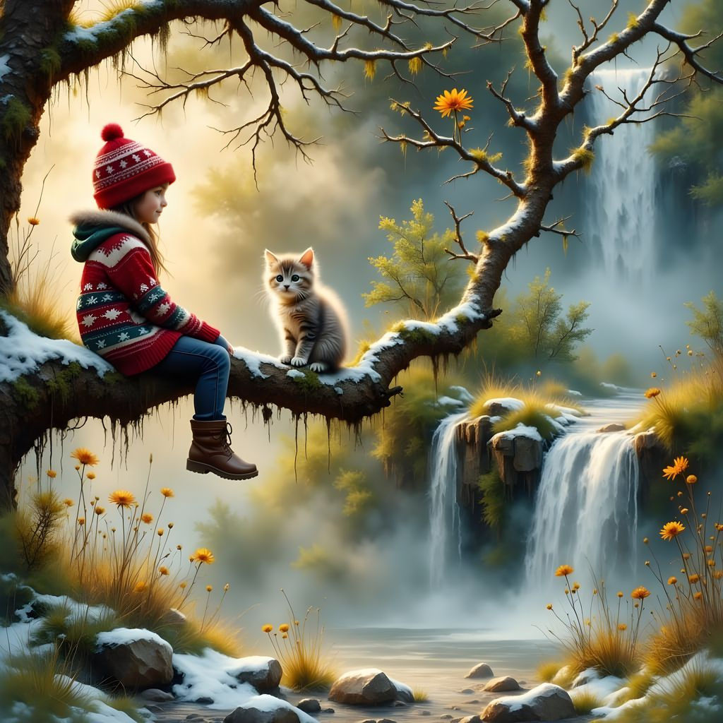 Girl and Kitten on Snowy Branch in Golden Sunshine