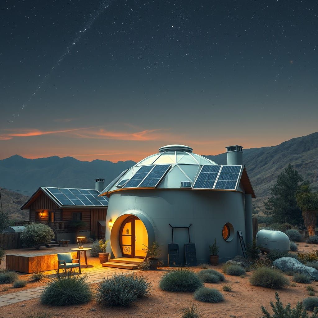 Surreal Solarpunk Village Under Serene Blue Skies