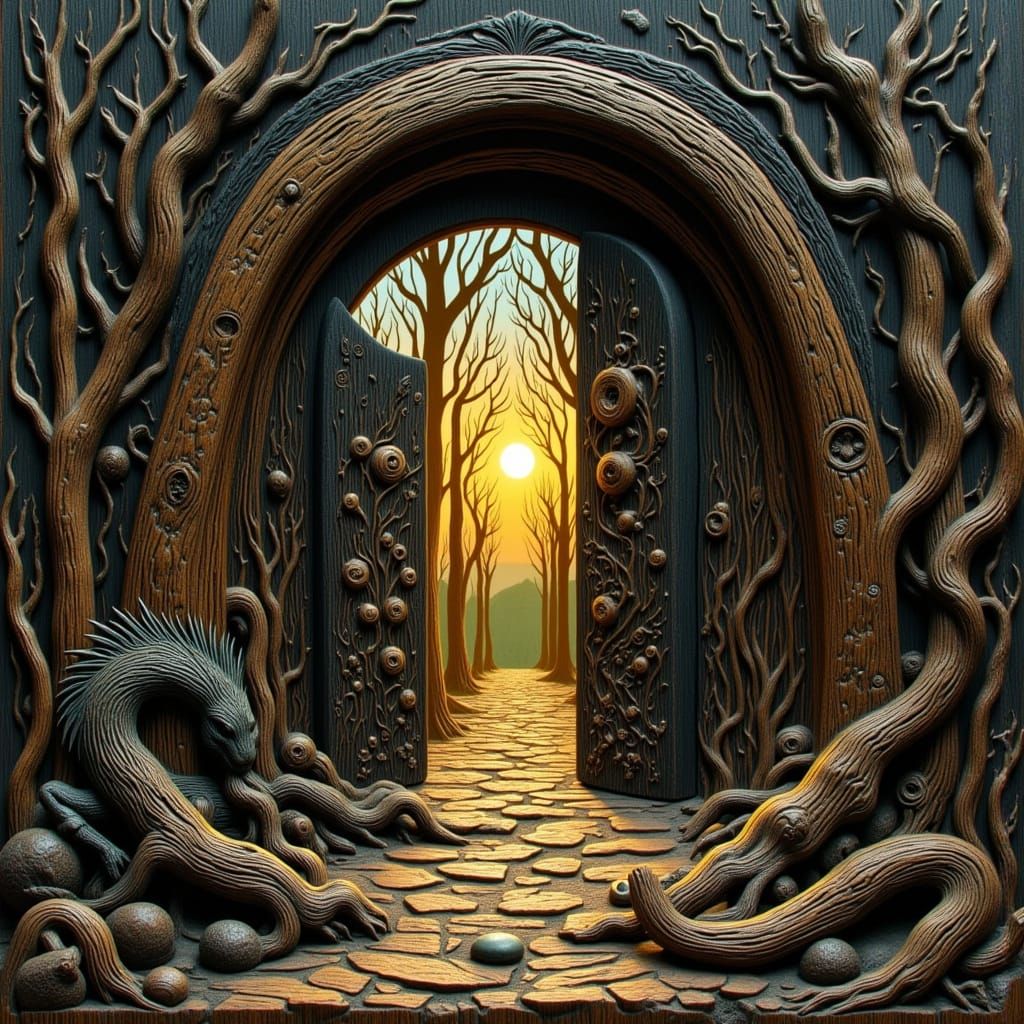 Surreal Woodcut Portal in Mystical Forest Setting