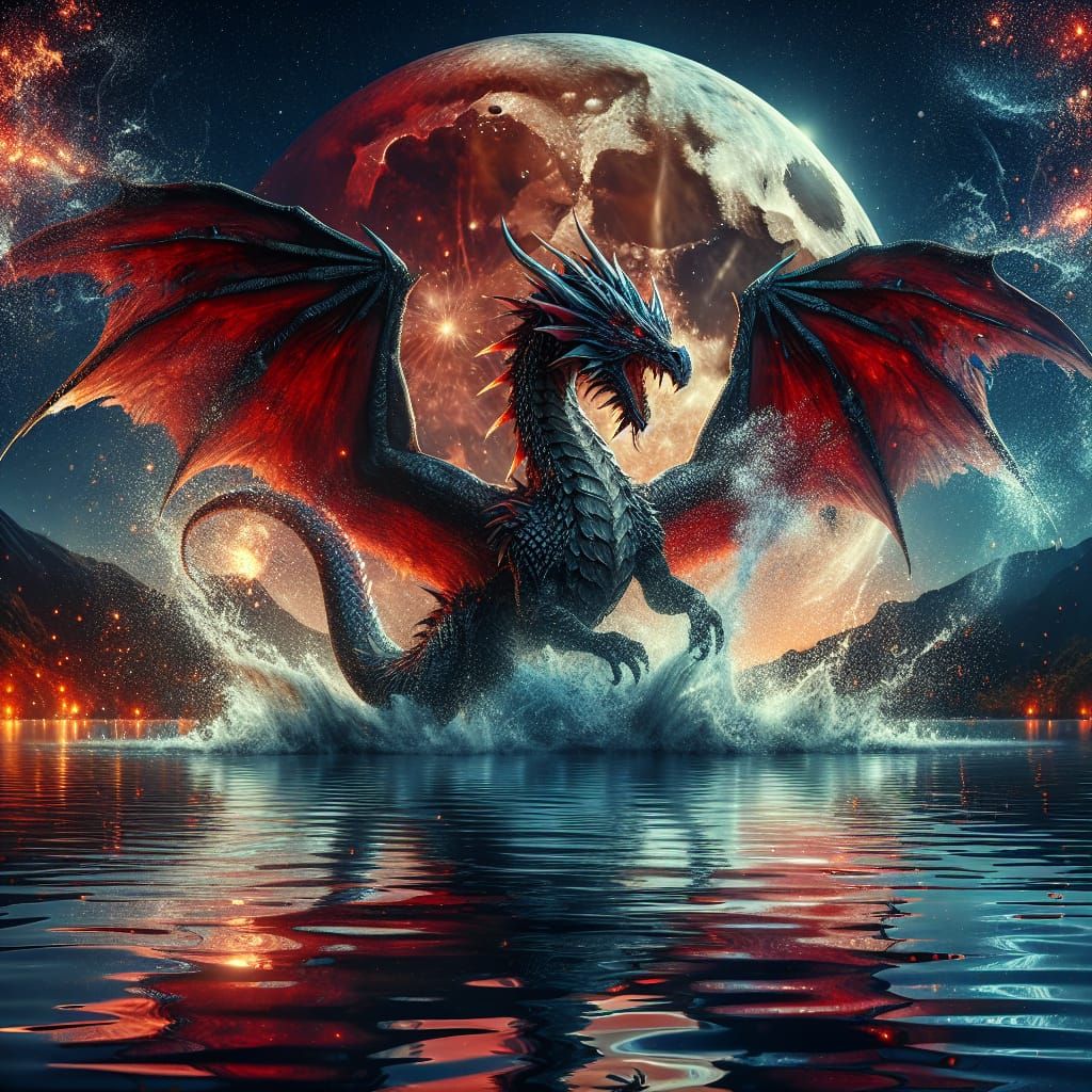 Dragon Emerges from Lake Under Blood Moon