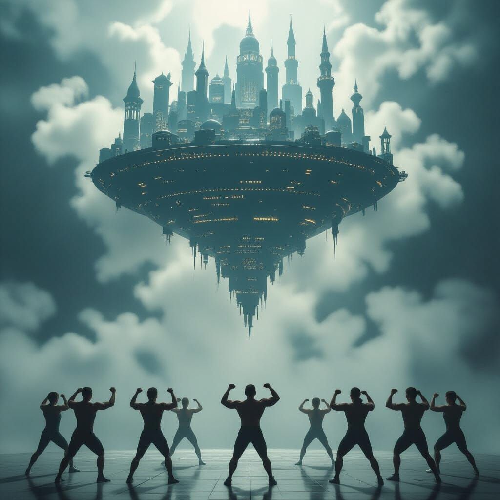 Upside Down City in Space with Figures Exercising Below