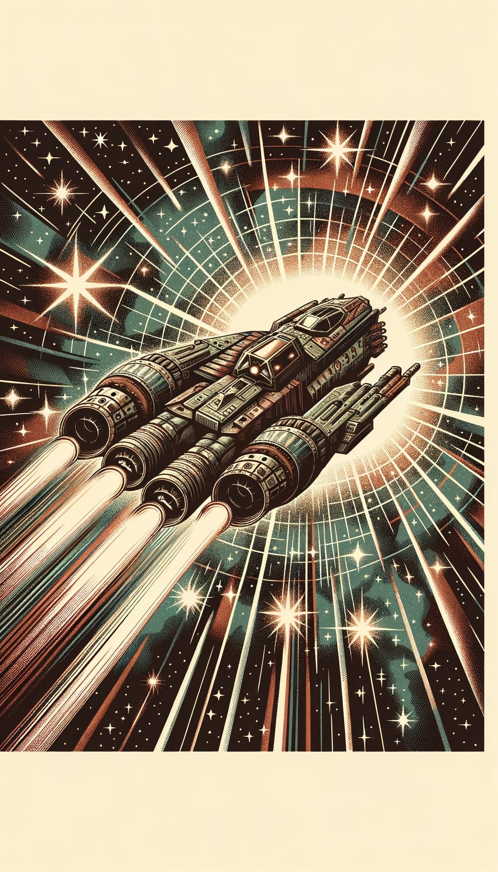 Spacecraft Soaring Through Stars in Golden Age Illustration