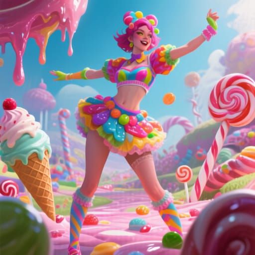 Sugary Female Character in Candyland, Hyperrealistic Digital...