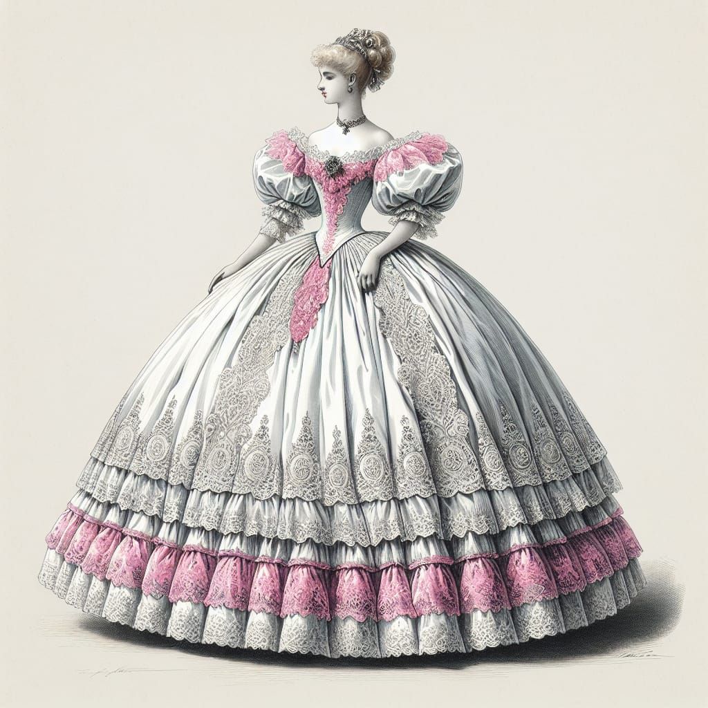 late 1860's Victorian crinoline with pink lace, mutton sleev...