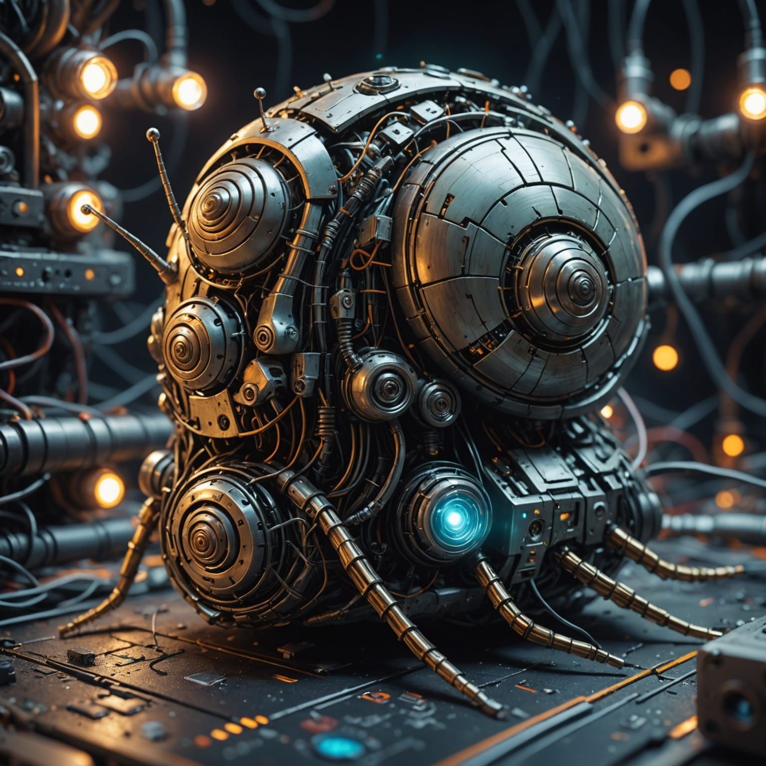 Snail Exploring Robot Head in Sci-Fi Macro