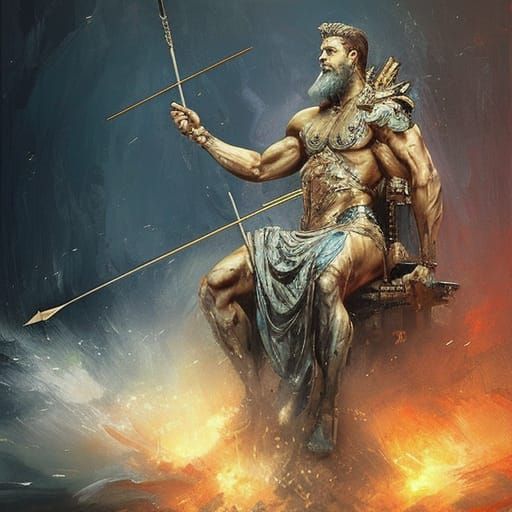 Zeus on Throne in Deep Color Acrylic Art Style