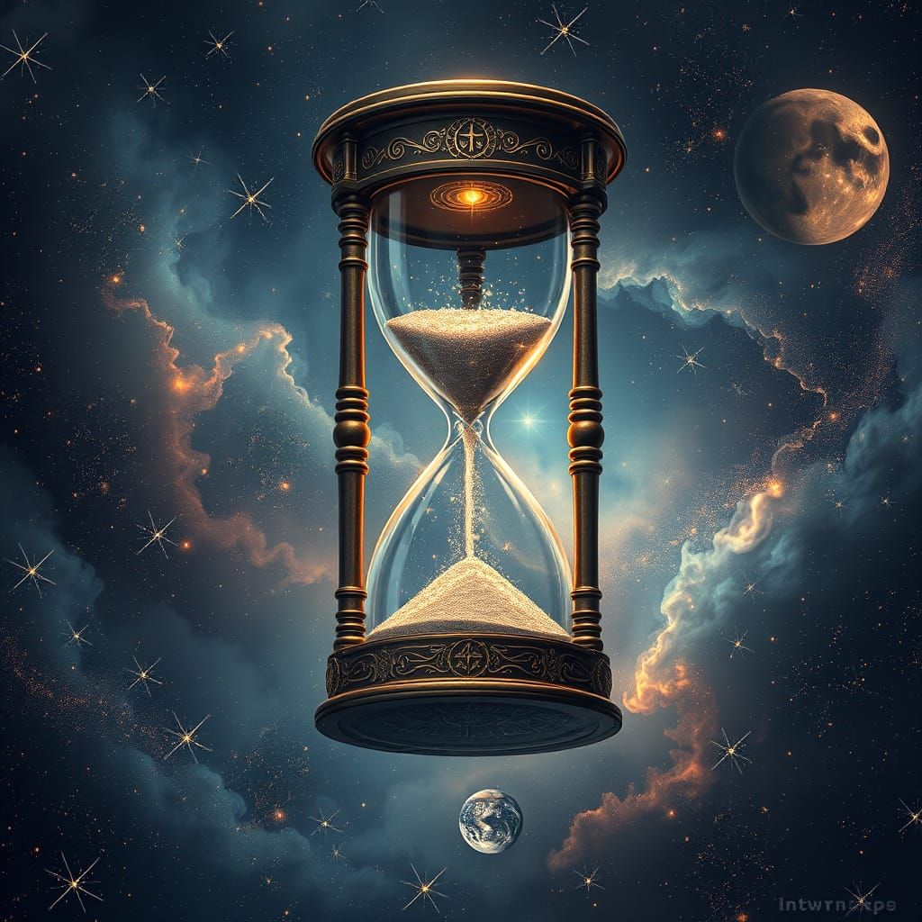 Imagine a colossal, intricately detailed hourglass floating amidst a swirling nebula of cosmic dust and stardust. Grains...