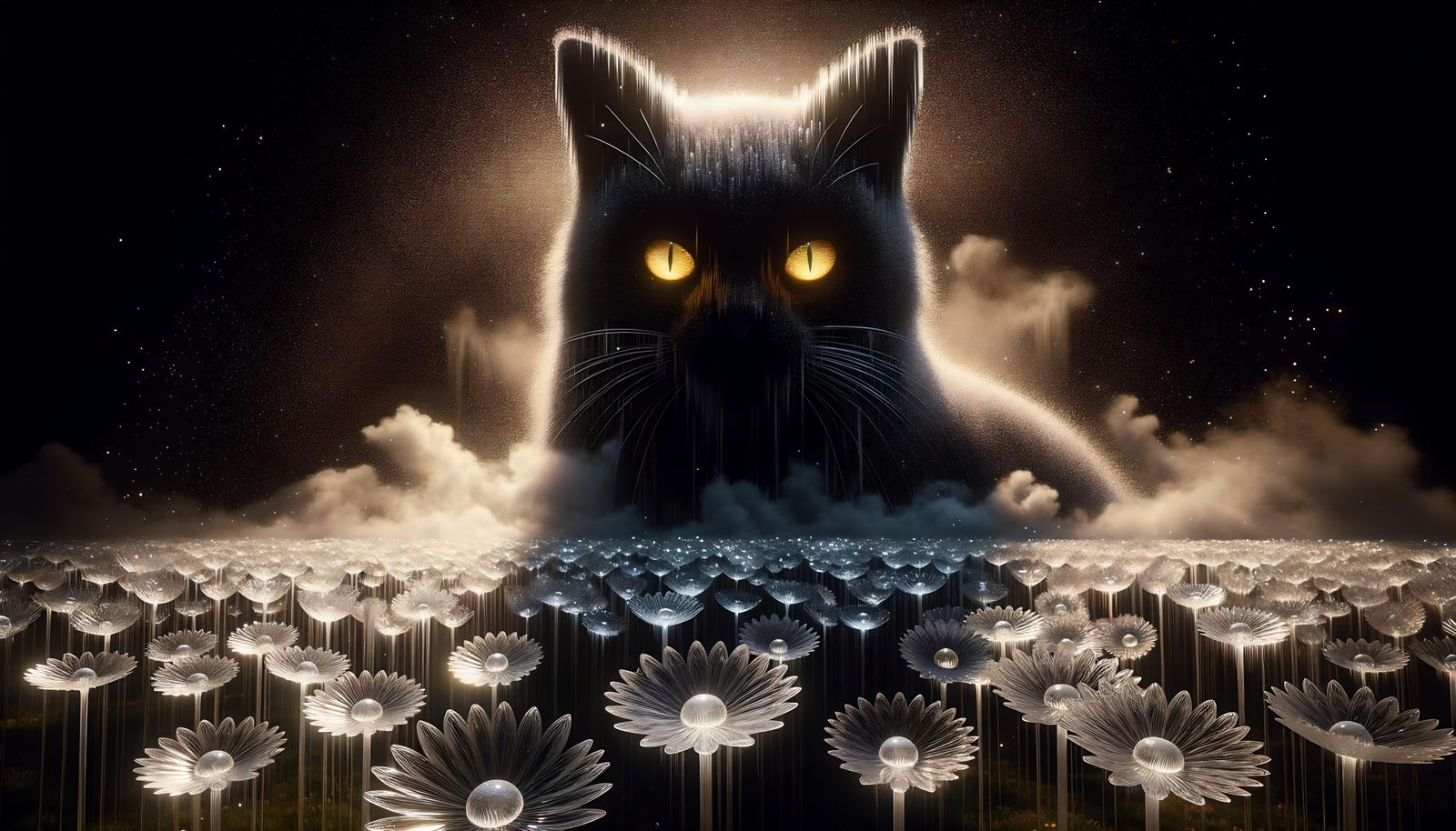 Crystalline Cat in Daisy Field: Dramatic 3D Render
