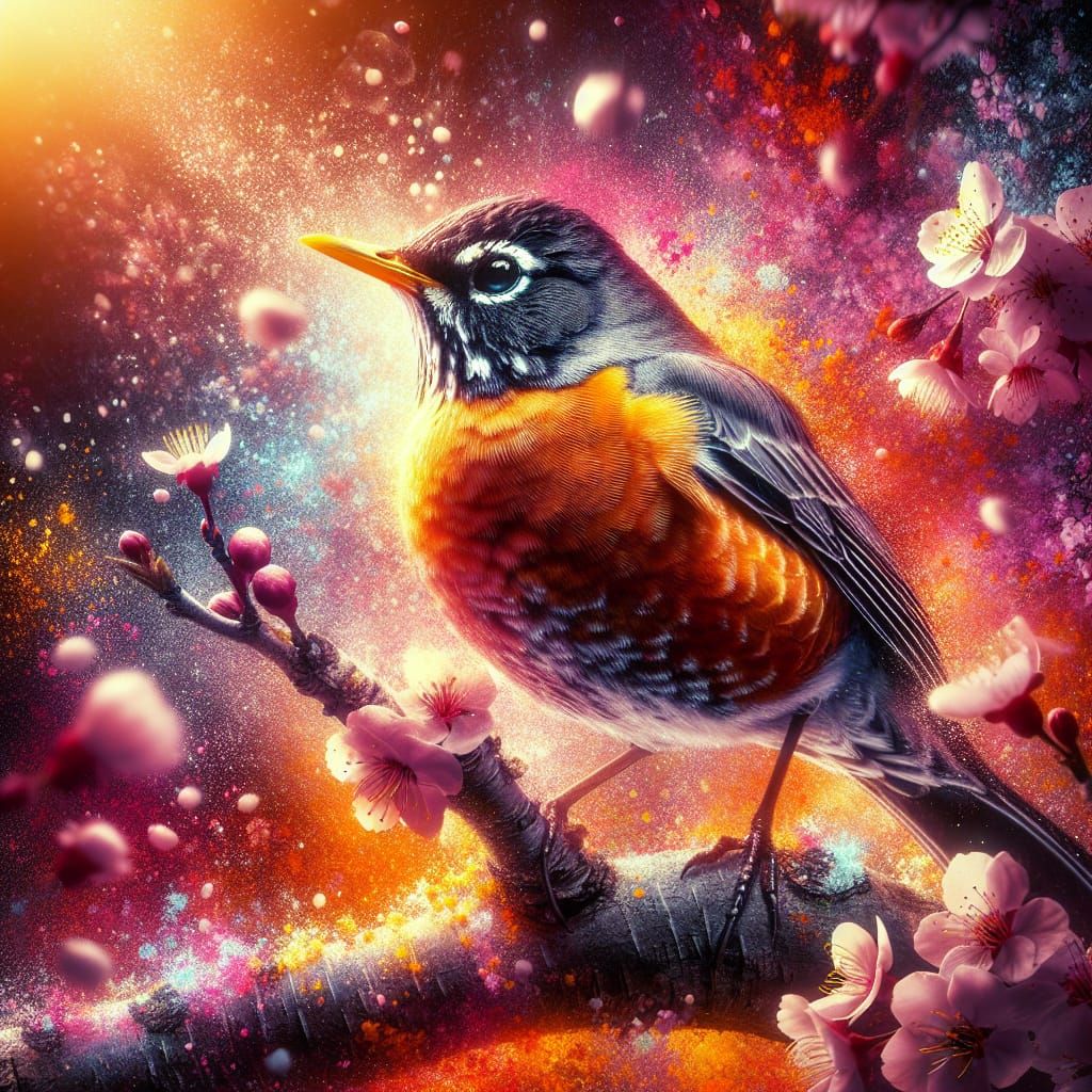 American Robin in Cherry Blossoms: Digital Art