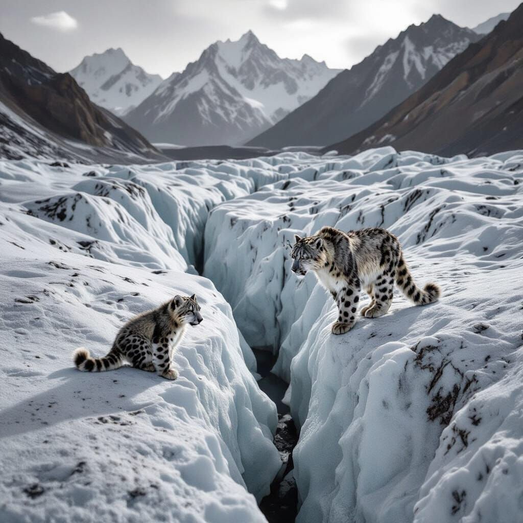 Snow Leopard Mother and Cub on Glacier in Wet Collodion Styl...