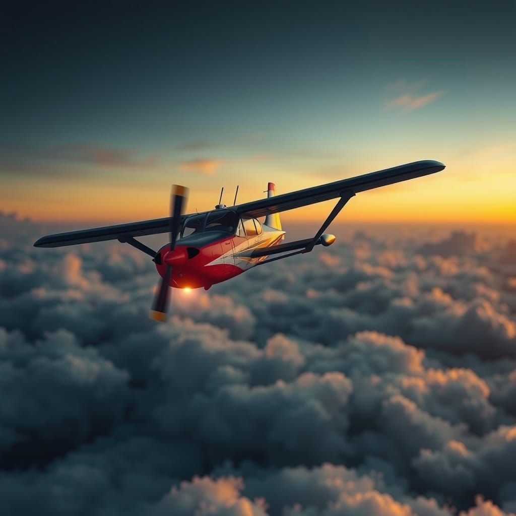 Little nightmares light small aircraft flying above sunset c...