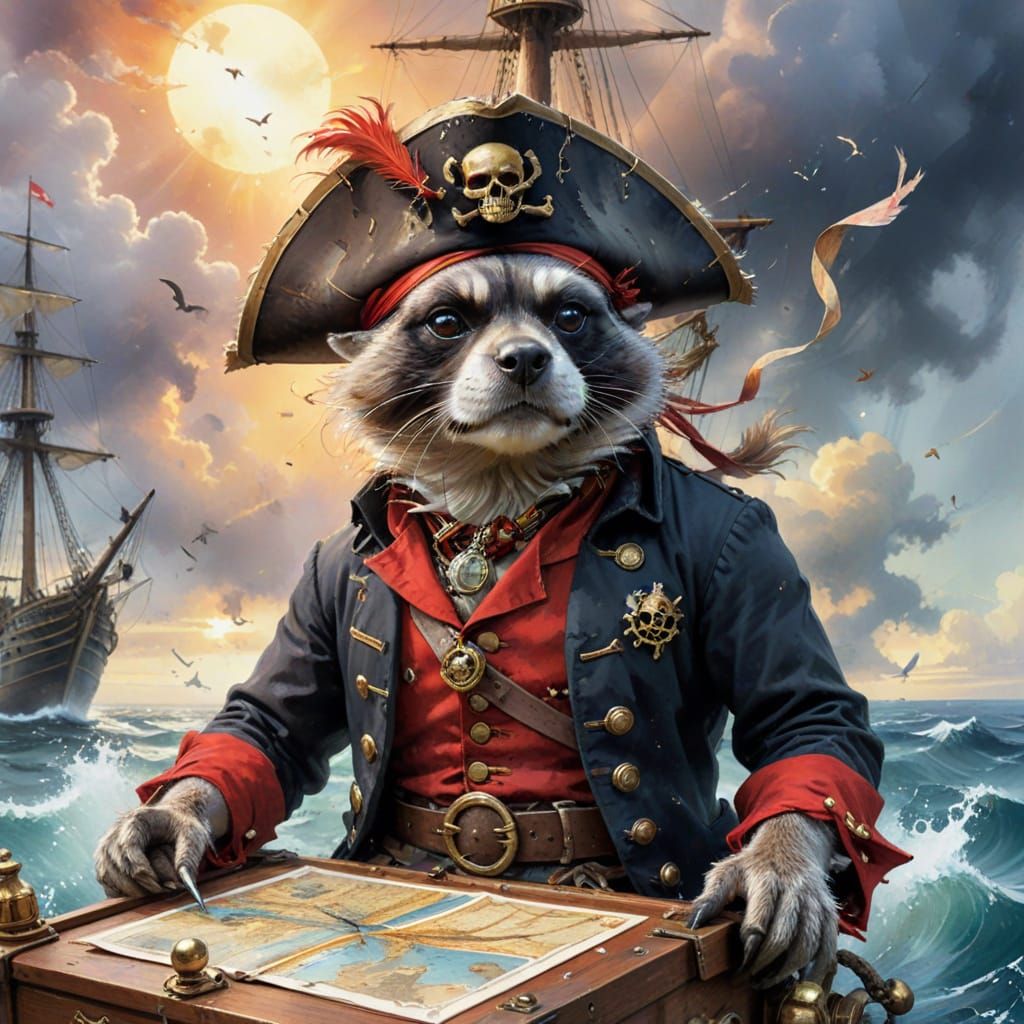 Animal Pirates on a Treasure Ship at Sunset