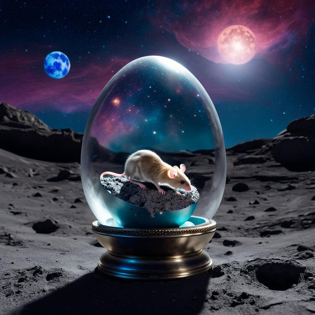 Mouse Fetus in Glass Egg on Moon