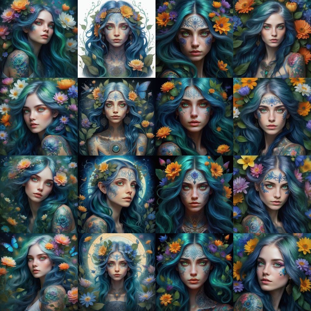 Acrylic chalk highly detailed digital painting is a stunning fantasy portrait of a mystical woman with green-gray eyes, ...