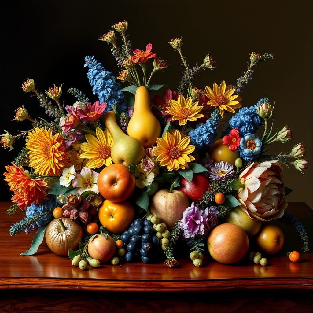 Elegant Still Life of Exotic Fruits and Flowers in Dutch Gol...