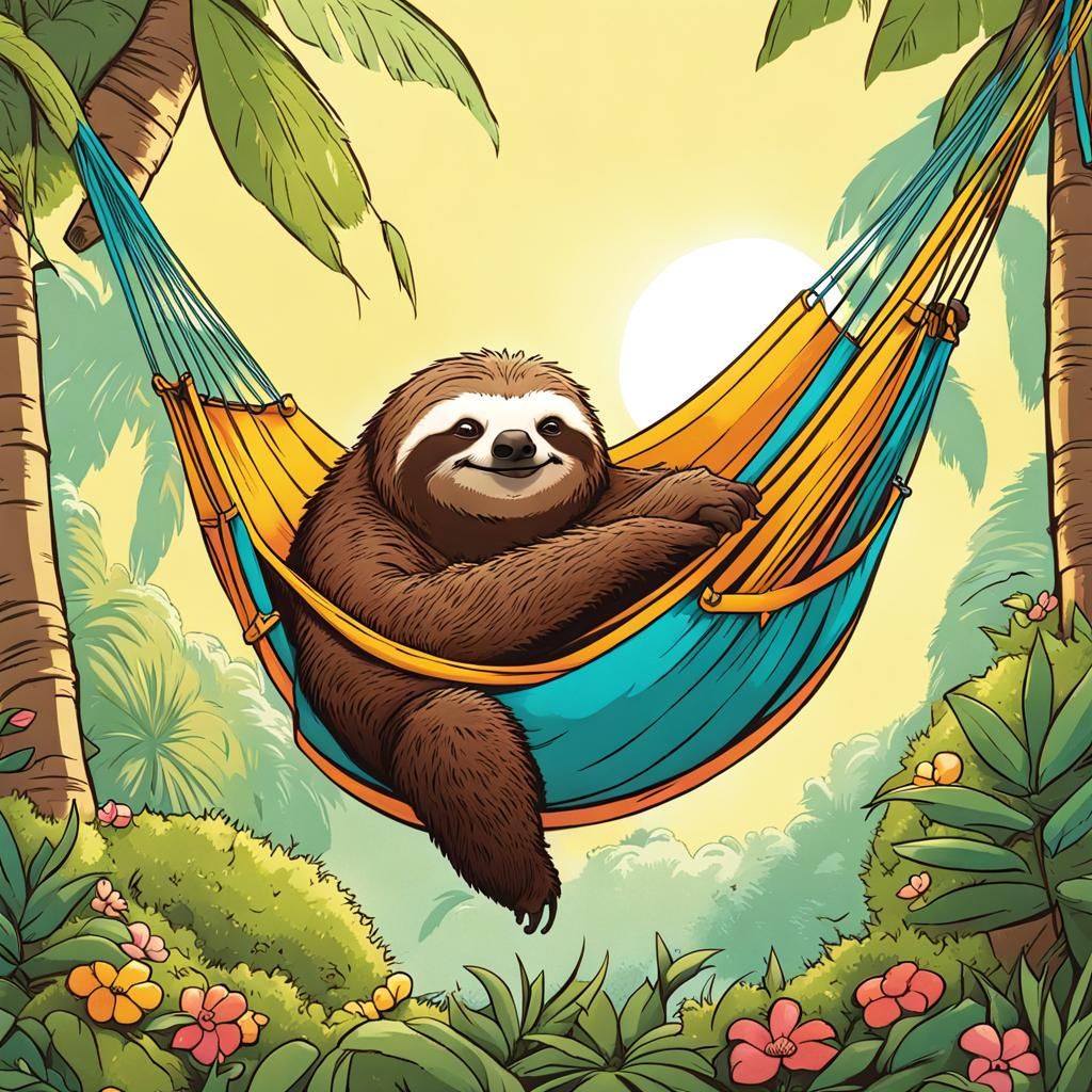 Overweight Sloth Lazing in Hammock, Comic Art Style