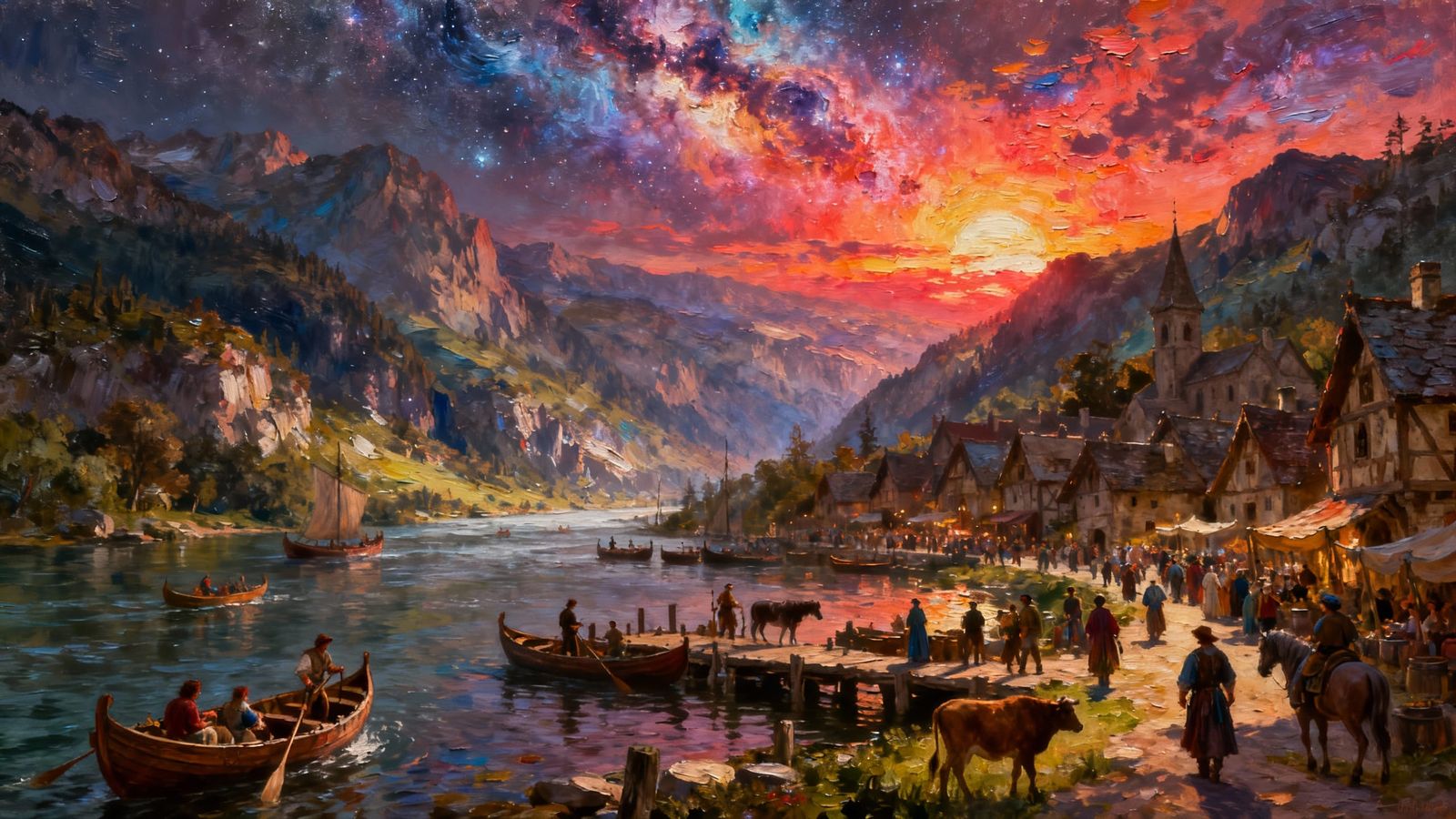 Medieval Village River Scene at Nebular Sunset