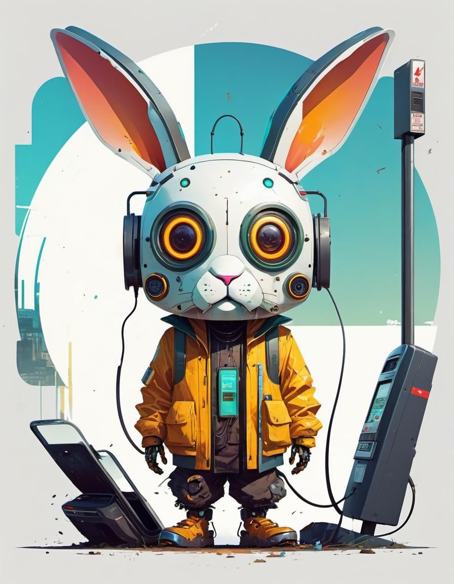 Cyberpunk Bunny Robot at Pay Phone Vector Art