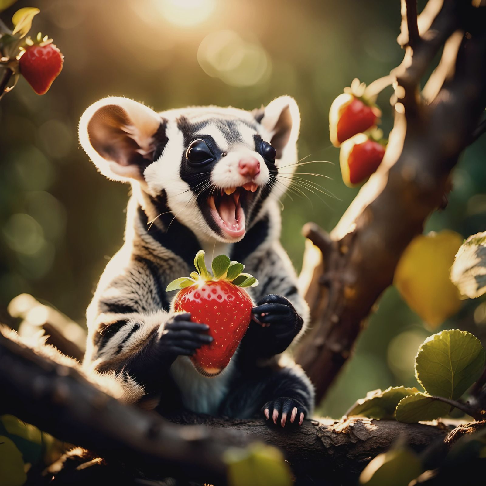 Sugar Glider in Bear Onesie Eating Strawberry