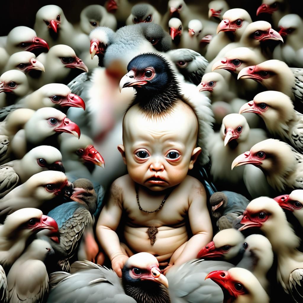 Sinister Baby with Vultures: A Grotesque Masterpiece
