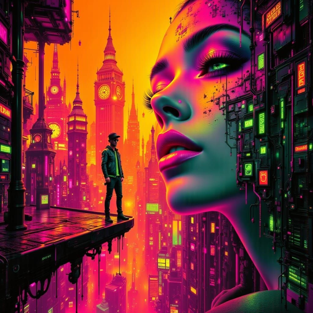 Neon Abstract Cyberpunk Design in Orange and Green