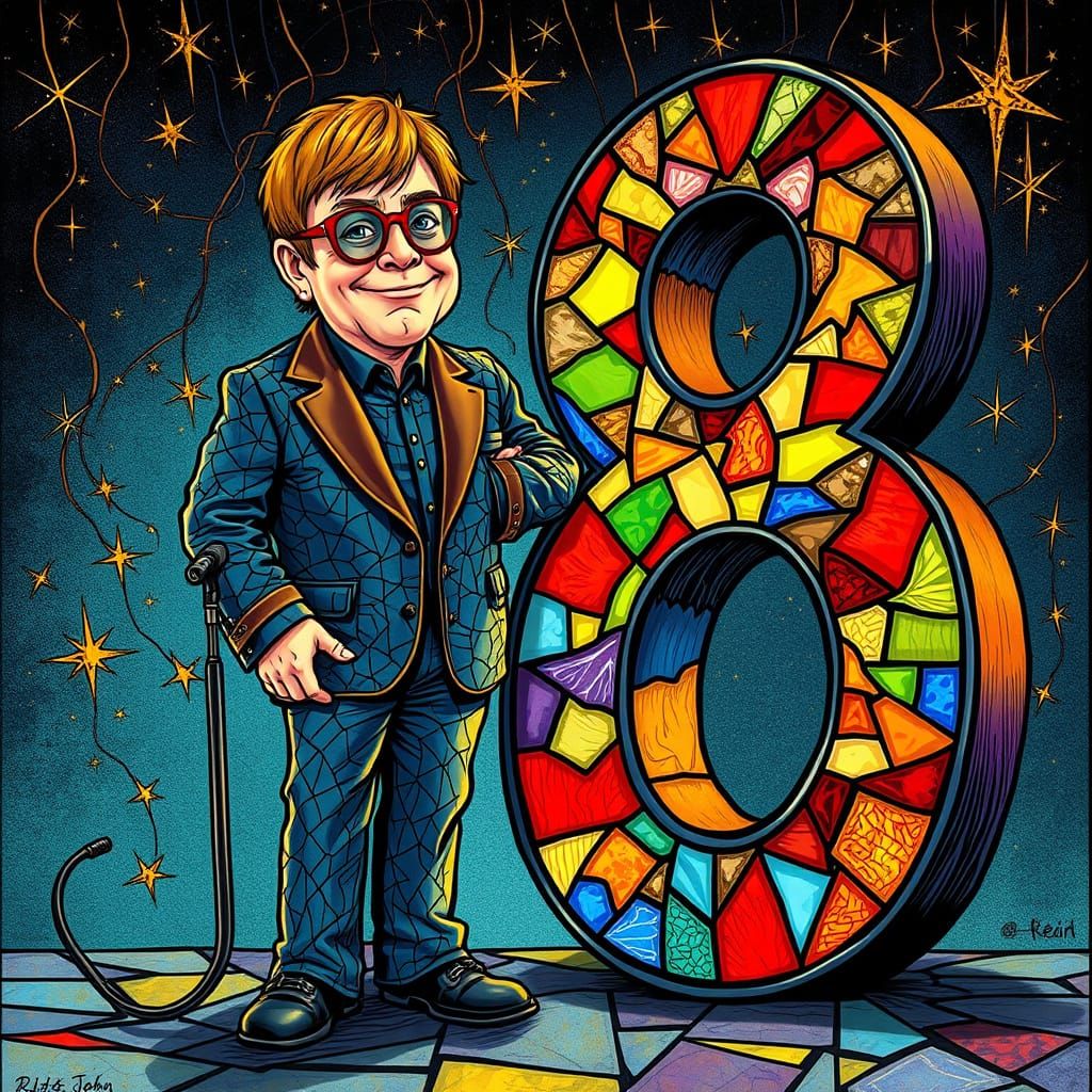 Hyper-Realistic Cartoon Elton John with Stained Glass Number...