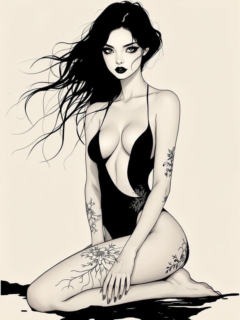 Elegant Woman with Ink Hair on Boardwalk, Art Nouveau Style