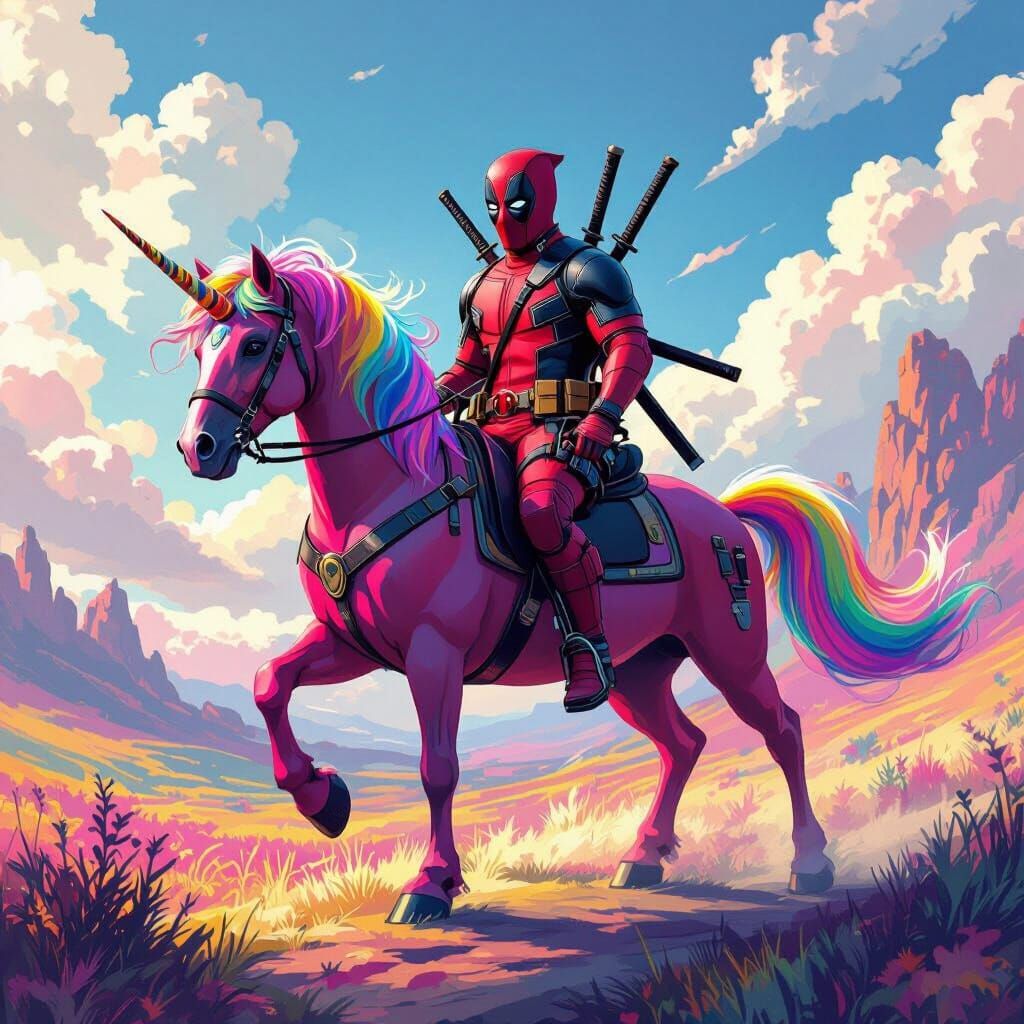 Deadpool Rides a Rainbow Unicorn in Whimsical Landscape