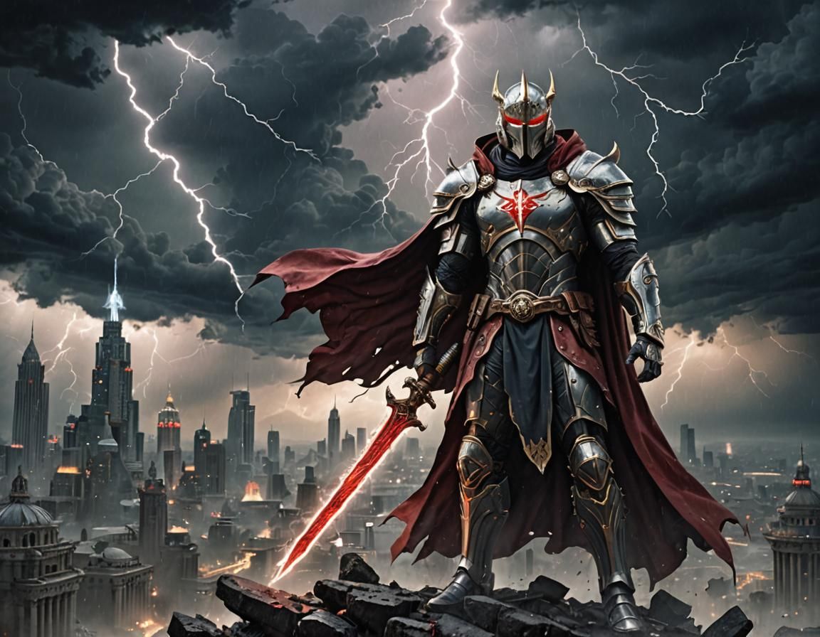 Cyberpunk Warrior Stands Against Apocalyptic Storm