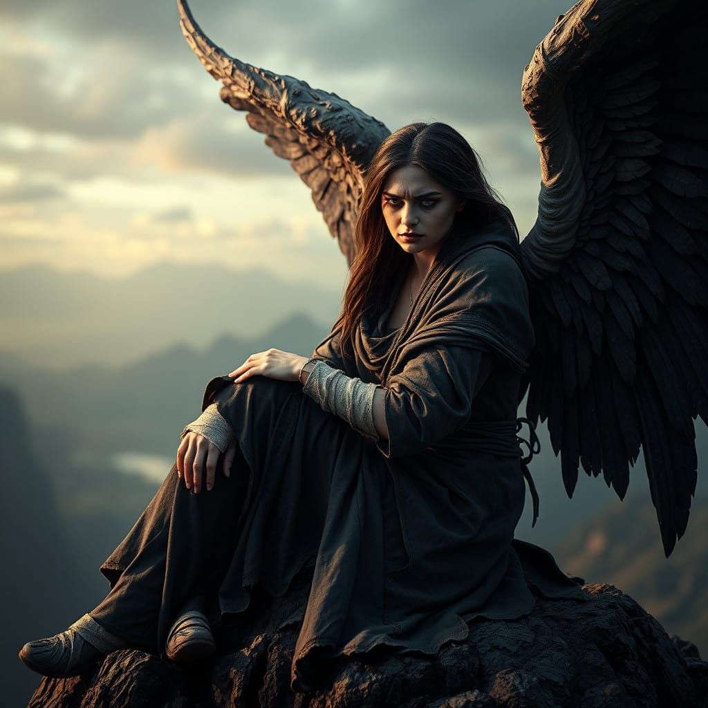 Obsidian Angel on a Desolate Mountain Peak