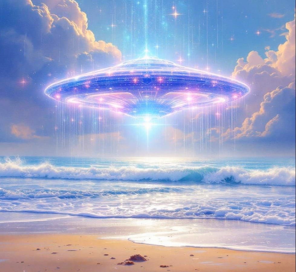 Ethereal Spaceship Descends Upon Pristine Beach in Soft Dawn...