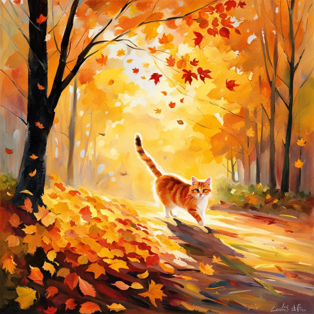 Happy Cat in Autumn Park: Impressionist Painting
