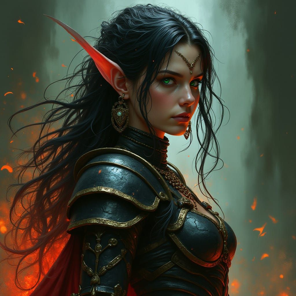 Regal Fire Elf Queen in Dark Fantasy Style