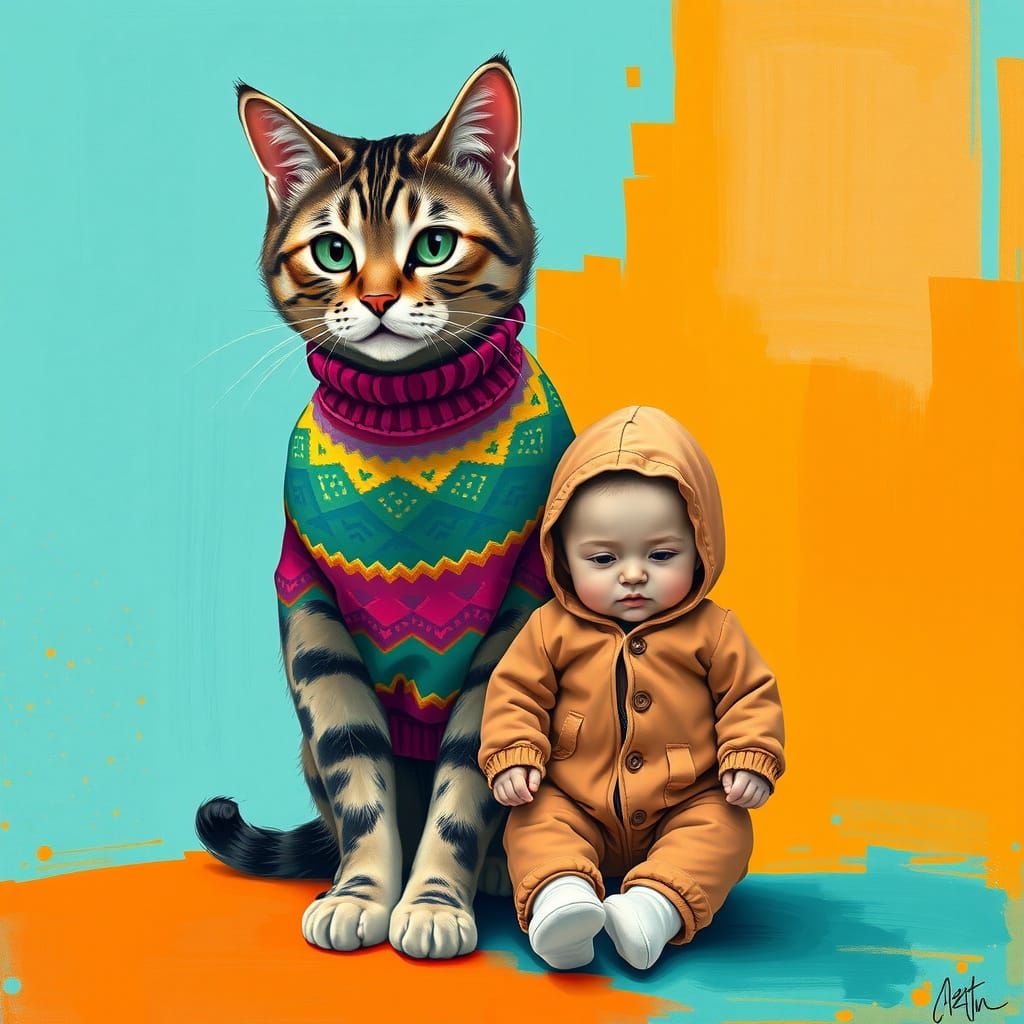 Cat Guardian in Pop Art Style with Toddler