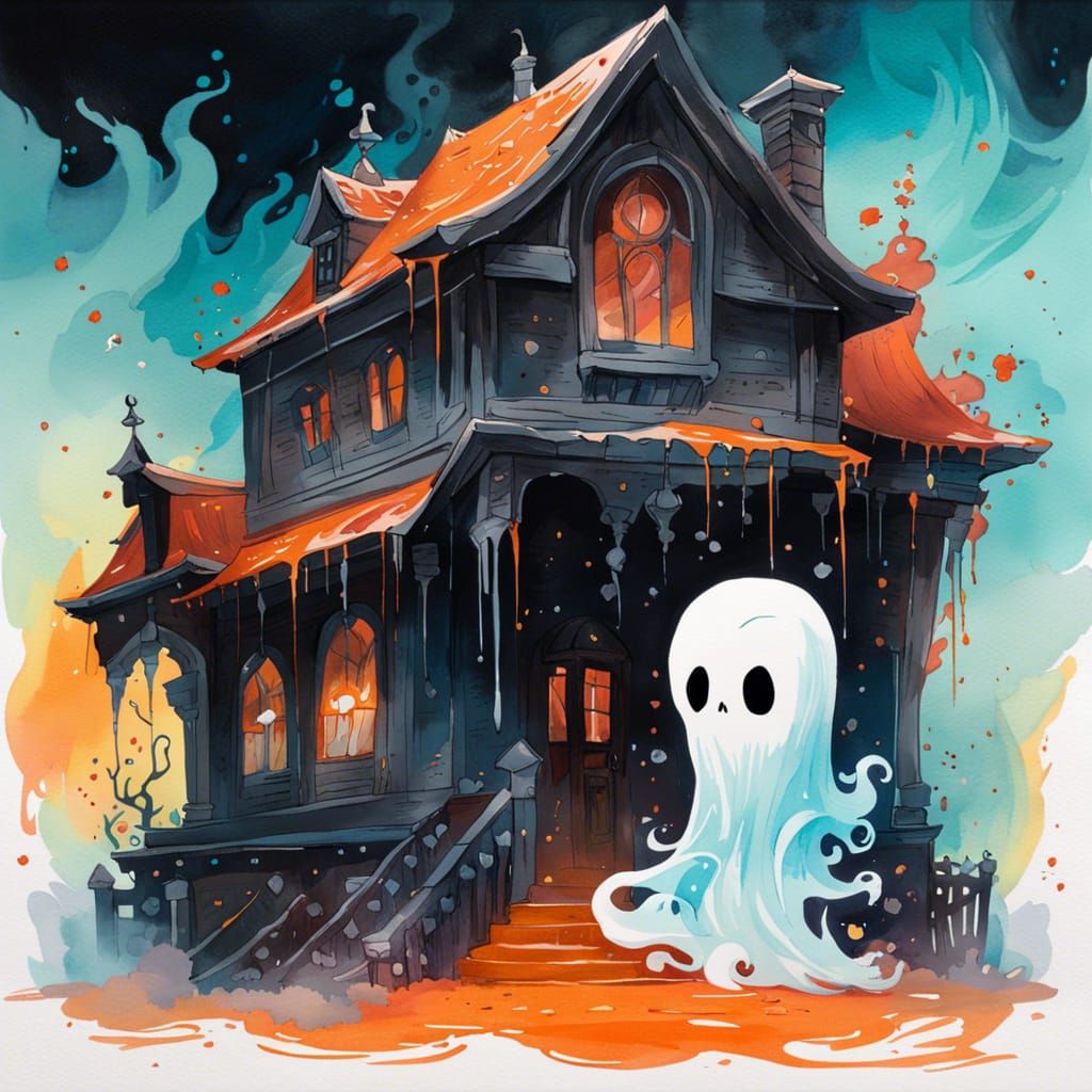 Chibi Spooky Ghost in Haunted House Painting