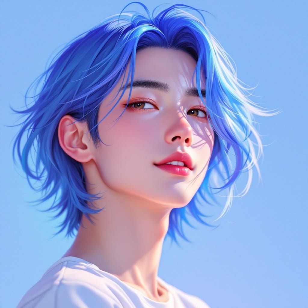Hyper-Realistic Japanese Youth with Blue Hair