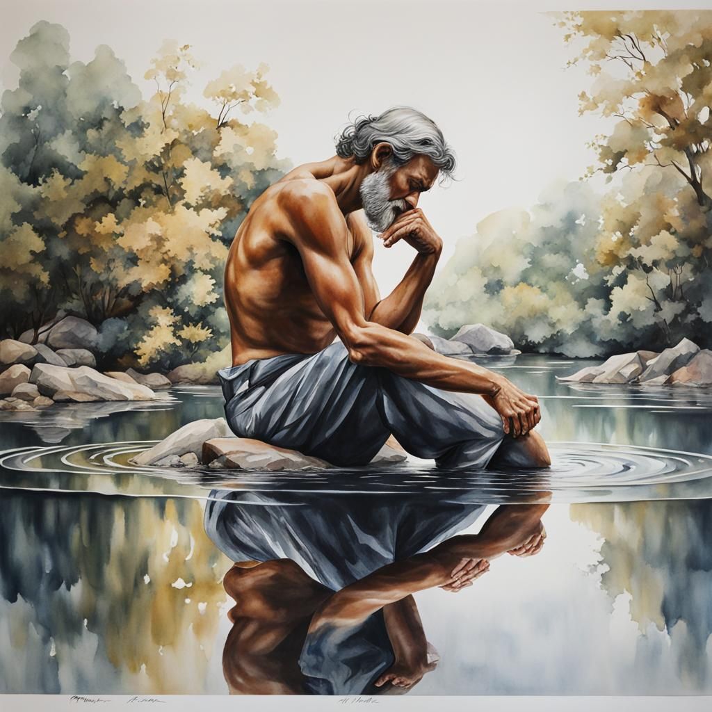 Water Man in Lake Reflects in Watercolor Style