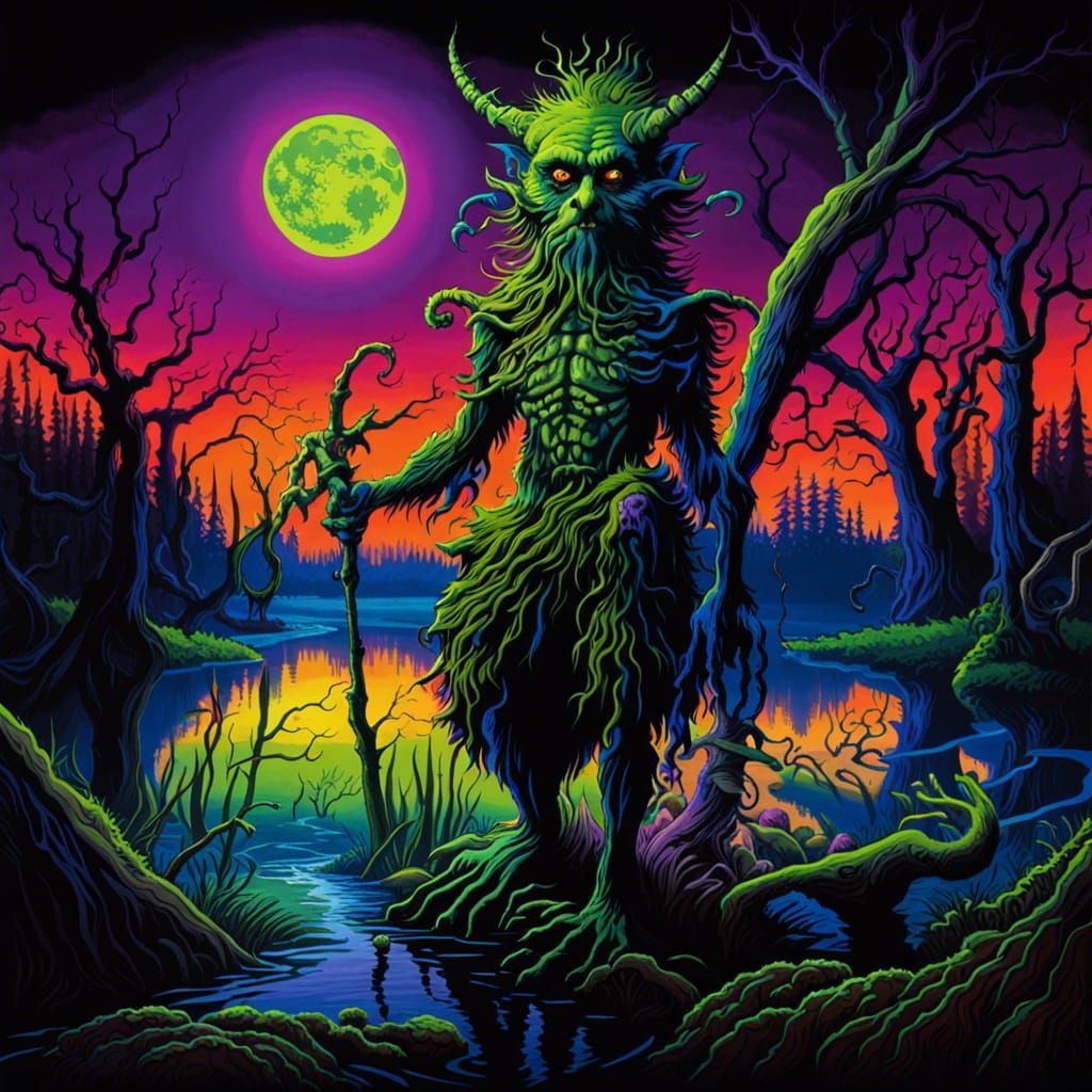 Psychedelic Swamp Creature Portrait in Neon Colors