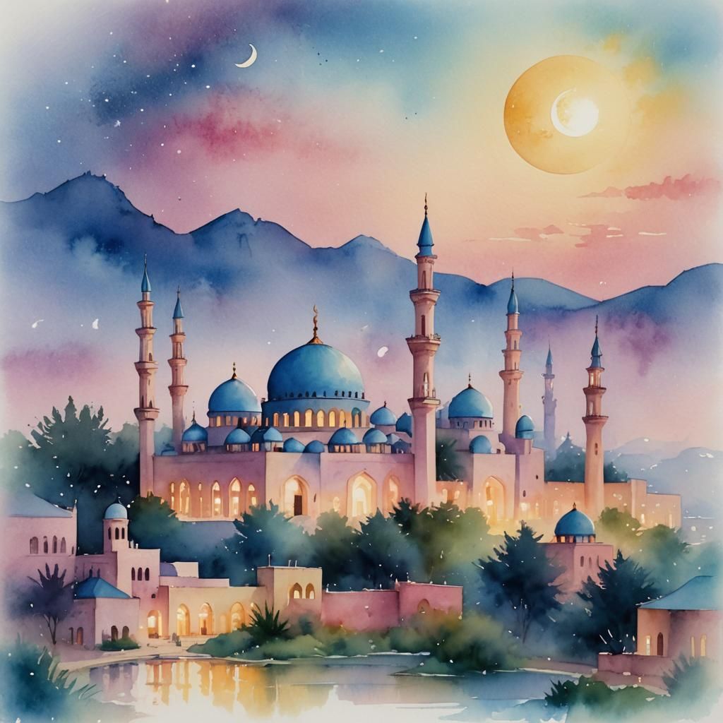 Serene Mosque Under Crescent Moon in Watercolor
