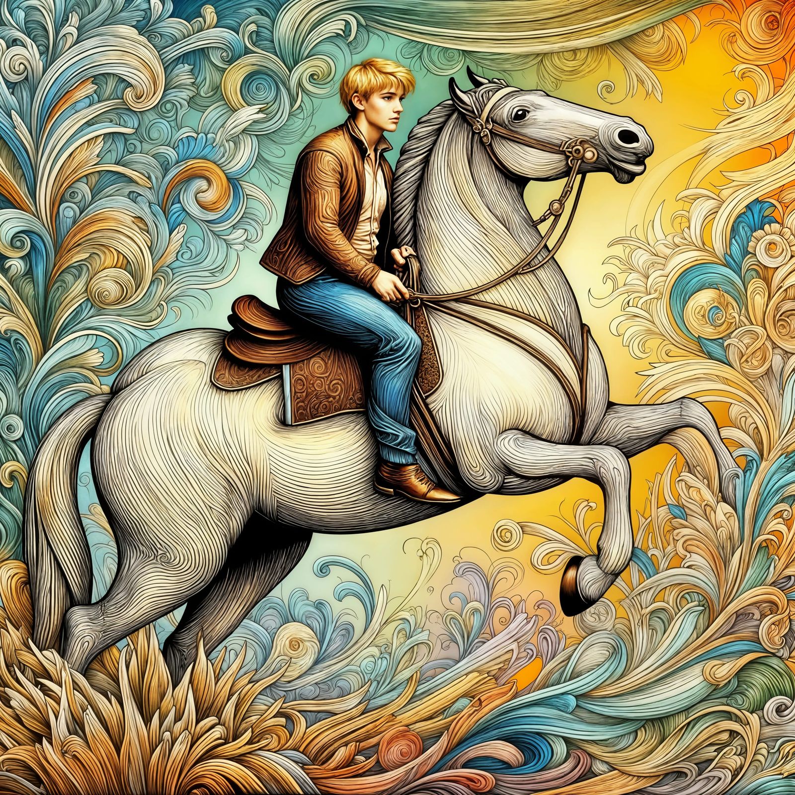 Man on Rearing Horse in Abstract Art Deco Background