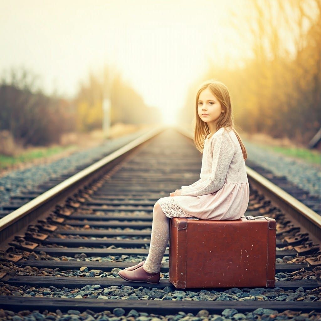 Girl on Suitcase Gazing at Horizon in Sunlight
