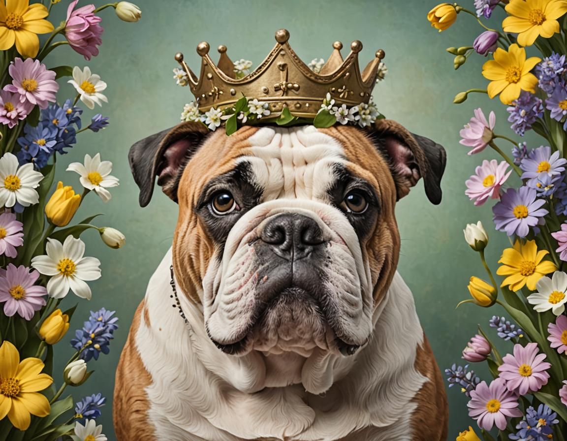 Bulldog with Spring Flower Crown Portrait