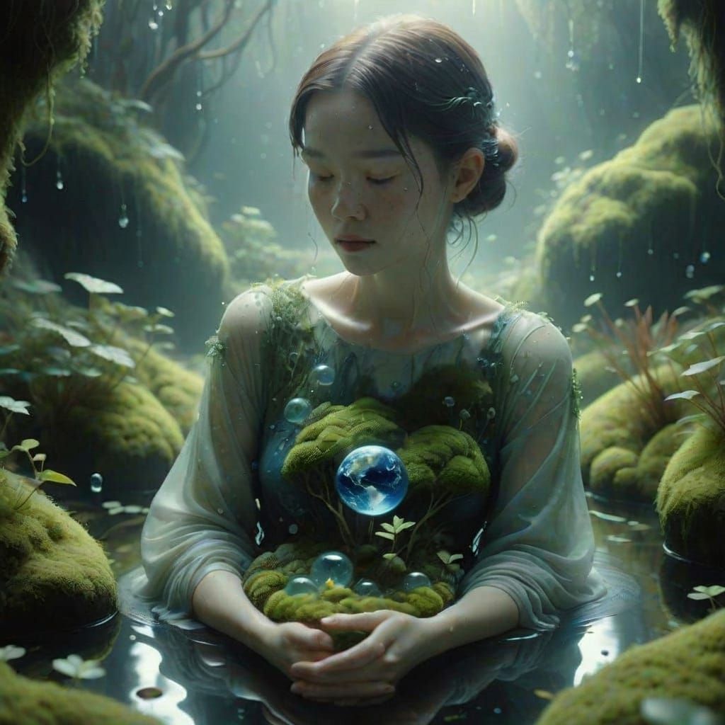 Ethereal Woman Cradling Earth: Hyperrealistic Dreamscape