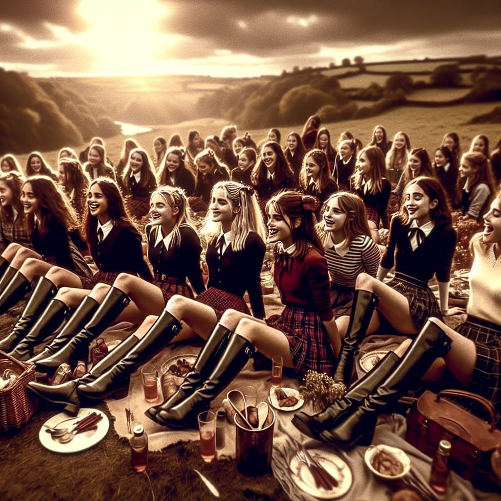 Schoolgirls' Picnic in Brittany: A Cinematic Film Still