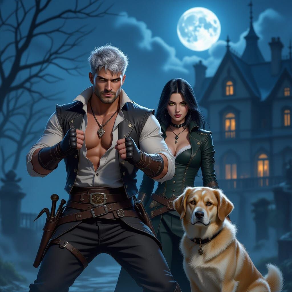 Adventurers and Gothic Manor Under Moonlight