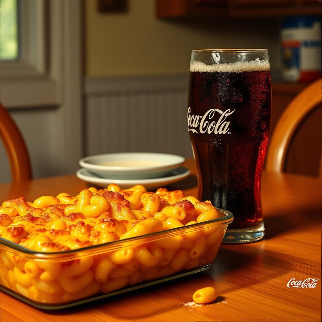 Golden-Brown Macaroni Bake with a Glass of Coca-Cola
