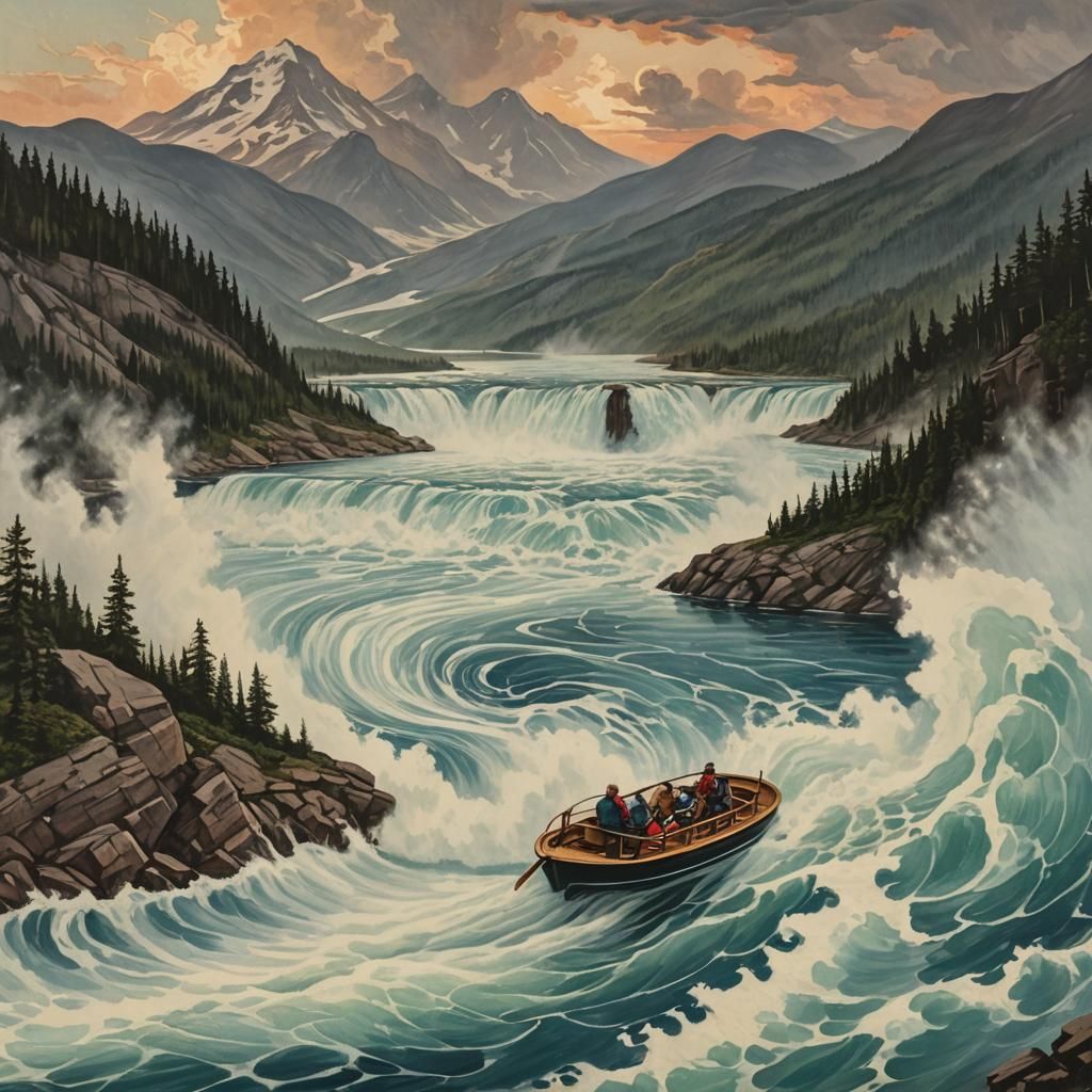 Mountain Scene with Whirlpool and Paddle Boat